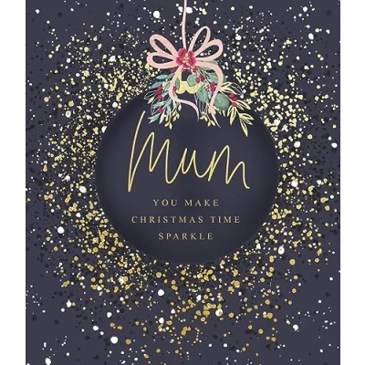Image of Paperlink Mum Christmas Card Sparkle Bauble with Foil Details Eco Friendly and Recyclable, 175 x 153mm, Navy, Gold, Pink