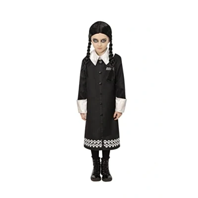 Image of Smiffys The Addams Family Wednesday Child Costume, Black Dress with Skull Pattern and Wig, Officially Licensed Great for Halloween Themed Events