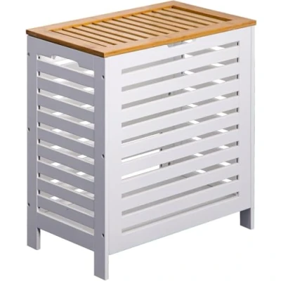 Image of Large White/Oak Wooden Laundry Clothes Bin Basket Rectangle Hamper Storage Bathroom Bedroom Lid White Home Organizer with H55 x W50 D30.5cm