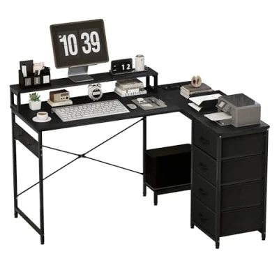 Image of YITAHOME Computer Desk, Office Desk with 4 Tier DIY Storage Shelf, Multifunctional Writing Table 2 USB Ports &amp; Power Outlets for Home Office, Study, Living Room, 130 x 100 75cm, Black