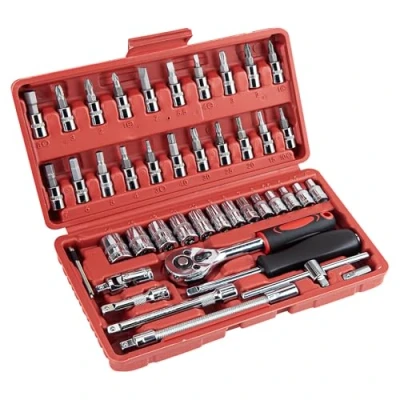 Image of CARTMAN 46 Pieces 1/4 inch Drive Socket Ratchet Wrench Tool Set, with Bit Set Metric and Extension Bar for Auto Repairing Household, Storage Case