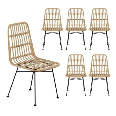 Image of VonHaus Rattan Dining Chairs Set of 6 Wicker Kitchen with Black Metal Legs Modern Boho for Room &amp; Natural Dinner Table Richmond