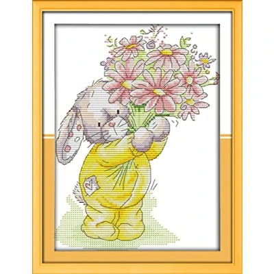 Image of Cross Stitch Kits Stamped, OWN4B Rabbit Present a Bouquet Printed Pattern 11CT 9.4x13.4 inch DIY Embroidery Kit (Gift)
