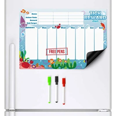 Image of CKB LTD® Magnetic REWARD CHART Ocean Creatures FRIDGE BOARD 7 Day Colourful Tick List For Refrigerators With 3 Markers Pens Activity Chore A3 Behaviour Charts Teaching Children Good Practices