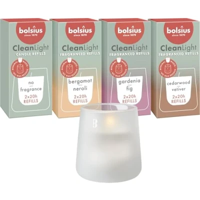 Image of Bolsius CleanLight Starter Set Refillable Scented Candle Holder &amp; 9 Refills Multiple Fragrances White Burn Time 20 Hours Natural Plant Wax Sustainable Concept