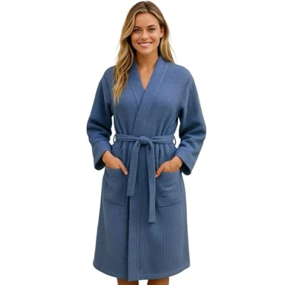 Image of Morgenstern Thin Waffle Bathrobe Soft Dressing Gown Ladies Lightweight Women Blue Size XL