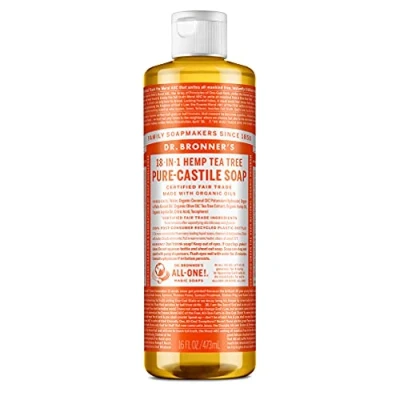 Image of Dr Bronner&#039;s 18 in 1 Pure Castile Liquid Soap, Made with Organic Oils, Used for Face, Body, Hair, Laundry, Pets and Dishes, Certified Fair Trade &amp; Vegan Friendly, 473ml Recycled Bottle
