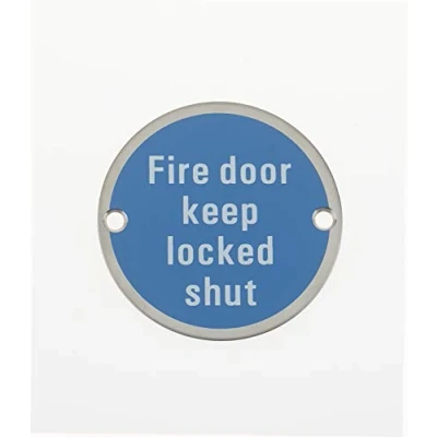 Image of Fire Door Keep Locked Shut Safety Sign Metal Stainless Round 76x1.5mm Disc With 2 Screws Pack of 1 (1)