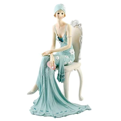 Image of Art Deco &quot;Chloe&quot; Sitting Lady Right Teal Glitter Dress Figurine Ornament