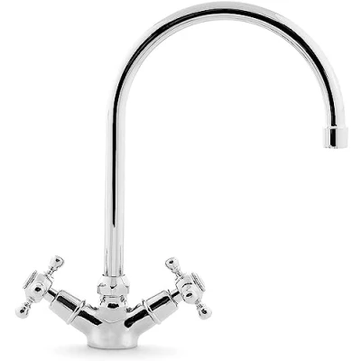 Image of High Neck Sink Mixer Kitchen Tap Victorian Cross Head Deck Mounted Mono Block