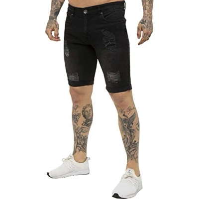 Image of Enzo Jeans Mens Denim Shorts Skinny Fit Distressed Ripped Half Pants (48, Black)