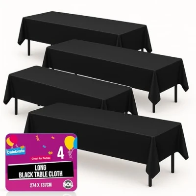 Image of 4pk Long Black Table Cloth Party 274 x 137cm Halloween Plastic Cover Disposable Tablecloths for Parties Tablecloth