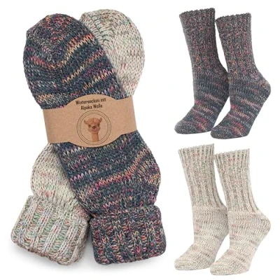 Image of MOUNTREX Alpaca socks, wool socks for women, men, warm winter knitted with cuff, 2 pairs, Ecru/Blue, 37 41