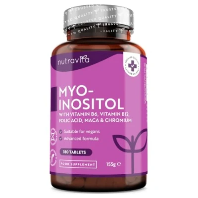 Image of Myo Inositol Tablets with Folic Acid, Vitamin B6, B12, Maca and Chromium PCOS Support Supplement 180 Vegan Prenatal Vitamins for Women Alternative to Powder Nutravita