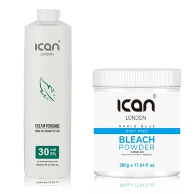 Image of ICAN LONDON PROFESSIONAL CREAM PEROXIDE 30 VOL 9% 1000 ML + RAPID BLUE POWDER BLEACH (JAR) 500 G SET