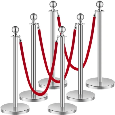 Image of VEVOR Stanchion Post, 6 Pcs Crowd Control Barrier Set with 3 Red Velvet Ropes, 5 ft Stainless Steel Silver Post Queue Sand Injection
