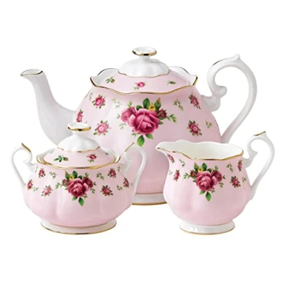 Image of Royal Albert Modern Vintage NCRPNK25823 Teapot, Sugar Box, Creamer 3 Piece Set NCR, Bone China, 42 Ounces, Country Roses Pink, 41.7