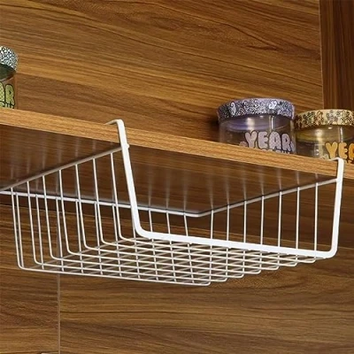 Image of 2 Pack Under Shelf Storage Basket, Hanging Baskets, Metal Wire Basket Shelves for Kitchen, Office, Pantry, Bathroom, White