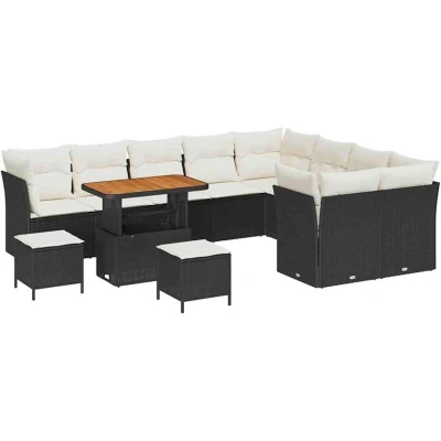 Image of vidaXL 12 Piece Garden Sofa Set with Cushions Black Poly Rattan Acacia