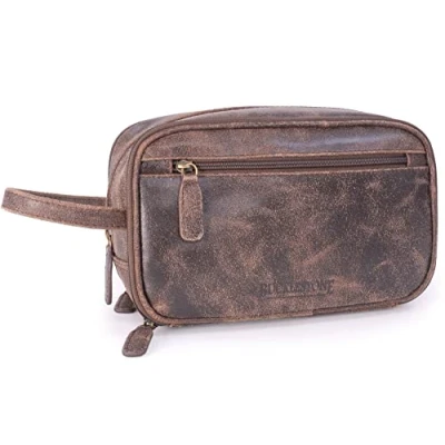 Image of Bucklestone Men&#039;s Leather Travel Toiletry Bag Medium Wash Shower with Handle Durham Brown