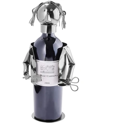 Image of BRUBAKER Wine Bottle Holder Hair Stylist Metal Sculpture Stand 7.9 inches Gift for Hairdressers and Barbers With Greeting Card