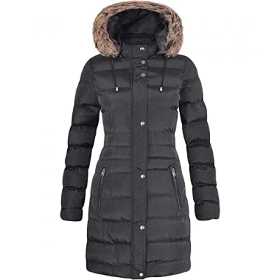 Image of Spindle Womens Long Fur Trimmed Hooded Padded Puffer Parka Ladies Winter Jacket Coat Black 10