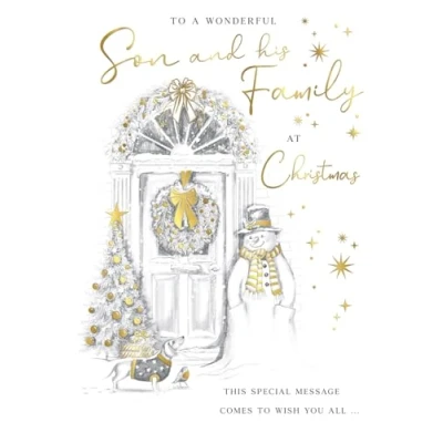 Image of Piccadilly Greetings Christmas Card To a Wonderful Son &amp; Family Pencil Sketch Snowman 9 x 6 inches