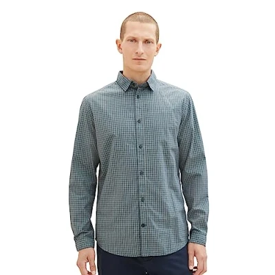 Image of TOM TAILOR Men&#039;s 1037436 Regular fit Checked Cotton Shirt, 32279 smokey sea Green Small Check, M