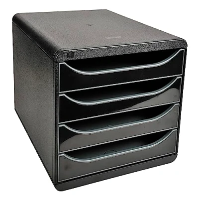 Image of Exacompta Ref 3104214D BIG BOX Desktop Drawer Set 4 x 55mm Drawers, Suitable for A4+ Documents, 347 278 267mm, 100% Recycled Plastic Black/Glossy Black