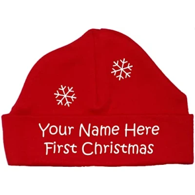 Image of Acce Products My First Christmas Personalised Name &amp; Year Baby Beanie Hat 6 12 Months Red