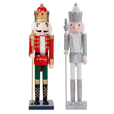 Image of THE TWIDDLERS 2 Pack Large Silver &amp; Red Wooden Christmas Nutcracker Soldier Ornaments, 50cm / 20&quot; Handmade with Premium Wood and Moveable Parts, Festive Xmas Decorations