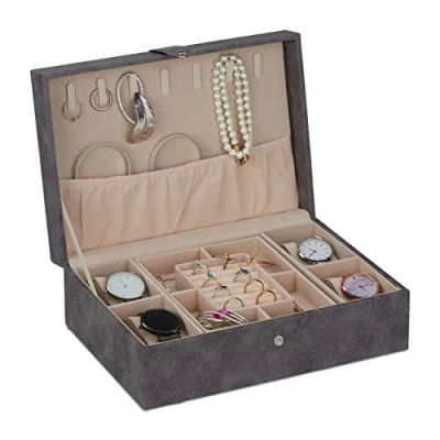 Image of Relaxdays Jewellery Organiser with Lid, Leather Look, Velvet, Jewelry Box for Ladies &amp; Gents, HWD: 10x29x20 cm, Grey, Fibreboard