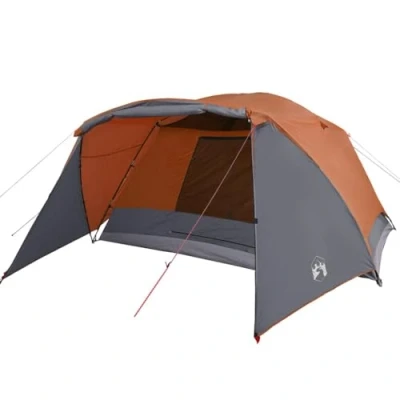 Image of vidaXL Camping Tent for 6 Persons Water Resistant Grey&amp;Orange Shelter with Mesh Sidewalls, E port, Quick Setup, Carry Bag