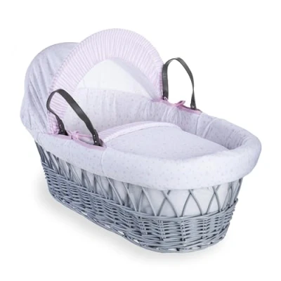 Image of Clair de Lune Stars and Stripes Grey Wicker Moses Basket inc. bedding, mattress &amp; adjustable hood (Pink)