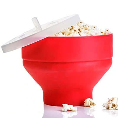 Image of 2 Pcs Microwave Silicone Popcorn Maker with Lid,Collapsible Bowl Popper Maker,Silicone Kitchen Maker,Collapsible Bowl,NonToxic,Dishwasher Safe