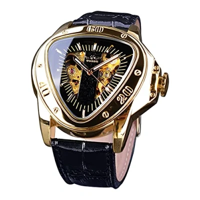 Image of Winner Fashion Mechanical Wrist Watch Triangle Racing Dial, Waterproof Golden Skeleton Dial Automatic Movement Leather Design for Men, Black Golden, casual style