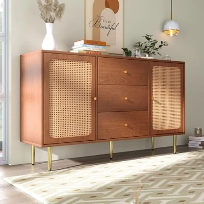 Image of ModernLuxe Sideboard Storage Cabinet with 2 Doors and 3 Drawers, Rattan Lattice Decoration, Living Room Cabinets Metal Handles, Chest of Adjustable Shelf, Walnut, 150x40x90cm