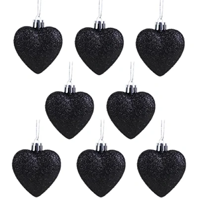Image of Christmas Concepts® Pack of 8 60mm Heart Shaped Tree Baubles Glitter Decorated (Black)