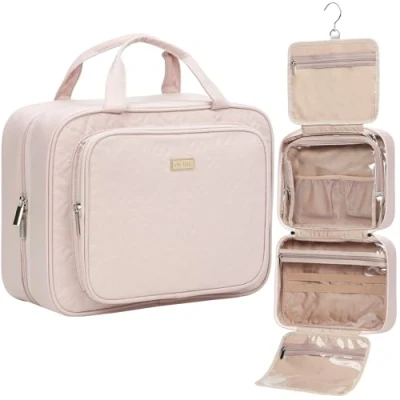 Image of NISHEL 4 Sections Hanging Travel Toiletry Bag Organizer, Water Resistant Large Makeup Cosmetic Case for Bathroom Shower, Pink (Patent Pending)