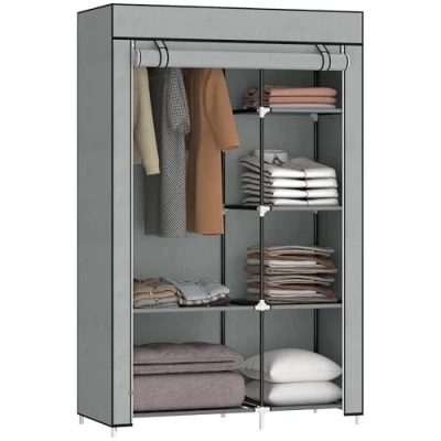Image of HOMCOM Fabric Wardrobe, Portable Wardrobe with 6 Shelves, 1 Hanging Rail, Foldable Closets, 103 x 43 162.5 cm, Light Grey