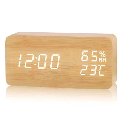 Image of VORRINC Wooden Alarm Clock, Digital Clock LED Date Temperature Humidity Display 3 Levels Adjustable Brightness Alarms Voice Control for Home, Office, Kids