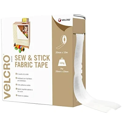 Image of VELCRO® Brand Sew &amp; Stick Fabric Tape Cut to Length Strong Hook Loop Self Adhesive Sticky Perfect for Crafting, Clothing Repairs Hemming White 20mm x 10m