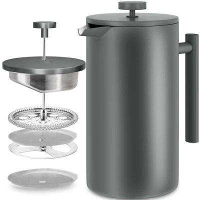 Image of KICHLY Stainless Steel French Press Double Wall Coffee Plunger &amp; Tea Maker (Grey, 1.0 Litre (Pack of 1))