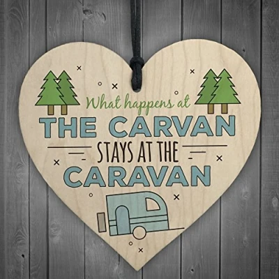 Image of RED OCEAN What Happens At The Caravan Wooden Hanging Heart Funny Novelty Chic Camping Holiday Sign Gift
