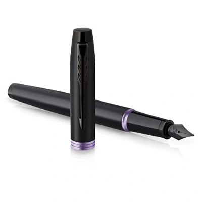 Image of Parker IM Vibrant Rings Fountain Pen Satin Black Lacquer with Amethyst Purple Accents Medium Point Blue Ink Refill Gift Box