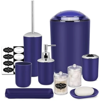 Image of IMAVO Bathroom Accessory Set 8 Pcs Blue Accessories with Trash Can, Soap Dispenser, Dish, Toothbrush Holder, Cup, Toilet Brush Qtip Holder Dispenser Labels