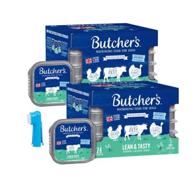 Image of Butcher&#039;s Wholegrain Lean &amp; Tasy Foils 48 x 150g Wet Dog Food Trays With Buddy&#039;s Brush