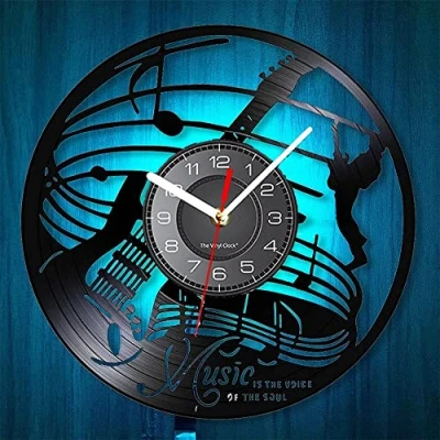 Image of Smotly Vinyl wall clock, instrument guitar theme silent clock with LED night light function is a unique gift for music lovers.