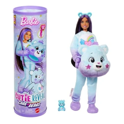 Image of Barbie Cutie Reveal Care Bears Doll &amp; Accessories, Series 2 Dream Bright Bear with 10 Surprises Including Color Change Mini Bear, JFV61