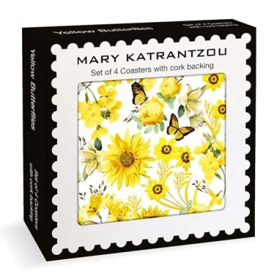Image of Museums &amp; Galleries Set of 4 Cork Backed Coasters Yellow Butterflies and Flowers Mary Katrantzou Design Statement for the Home